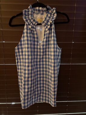 Sleeveless Ruffled Mock Neck Gingham Top - Blue/White